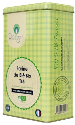 Farine de blé bio t65_1 kg en sachet kraft et boîte métallique