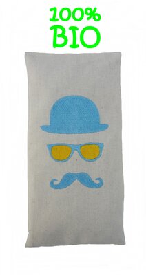 Bouillotte sèche bio-riz 19cm /10cm 'moustache 'bleu / jaune  