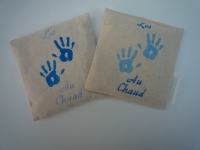 Lot 2 bouillottes sèche  bio 10cm/10cm ' les mains au chaud ' bleu 