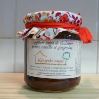Confiture extra de rhubarbe, prune, vanille bourbon et gingembre