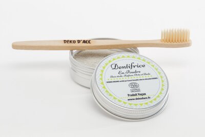 Dentifrice en poudre certifié bio 60 ml + brosse à dent en bambou biodégradable