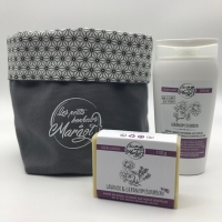 Panière+savon liquide (he géranium), 200 ml) + savon surgras he lavande/géranium