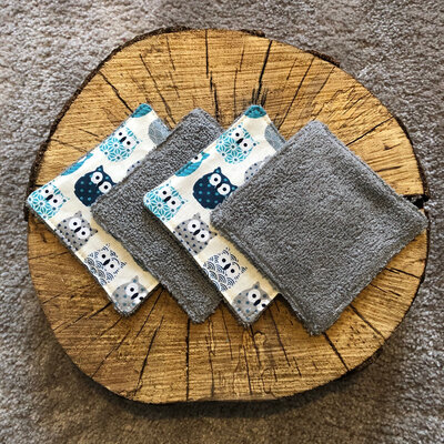 Lot 4 cotons gris et hiboux bleu