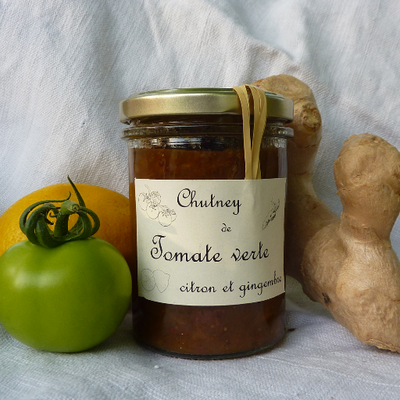 Chutney de tomate verte, citron, gingembre