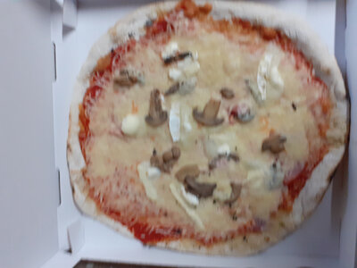 Pizza jambon, champigngnon, chèvre, emmental