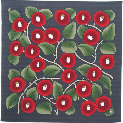 Furoshiki gris fleurs rouge/vert 90cm