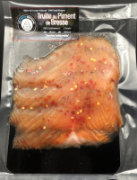 Truite fumée, affinée au piment de bresse