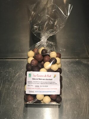 Billes de maïs au chocolat noir, lait & blanc